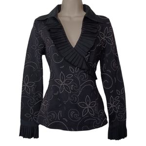 STERA White Floral Print Black V-Neck Pleated Long Sleeve Top Medium